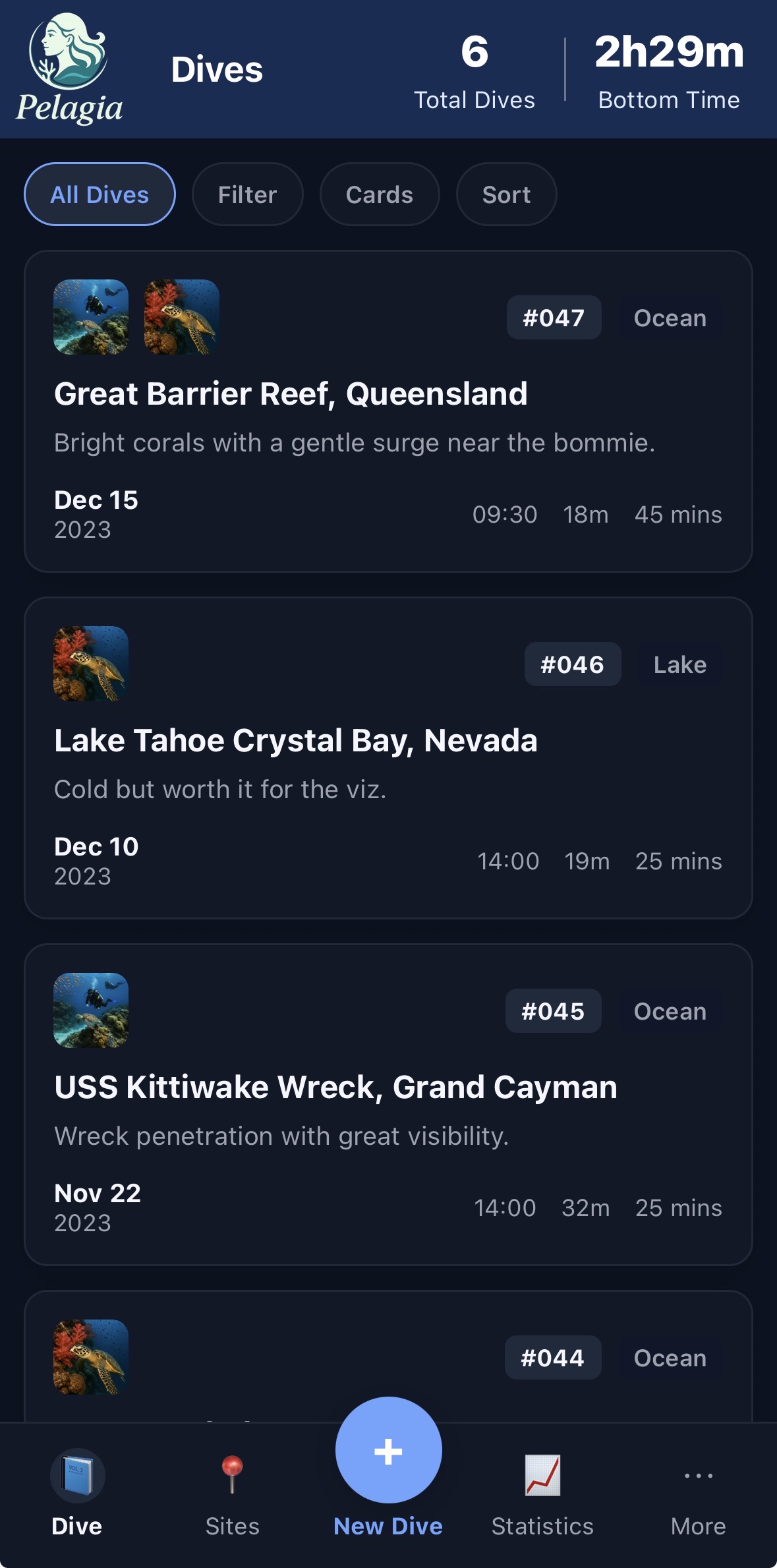 Pelagia mobile screen showing dive log UI