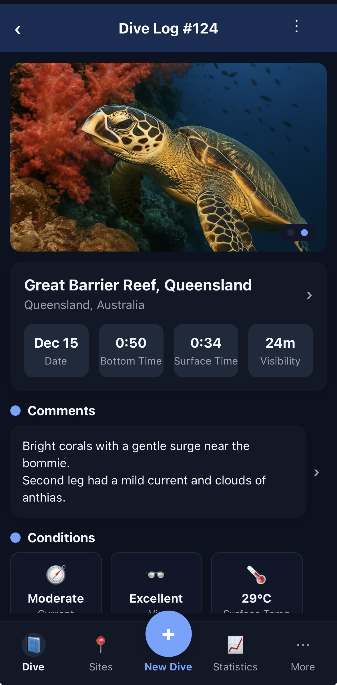 Pelagia mobile screen showing dive summary